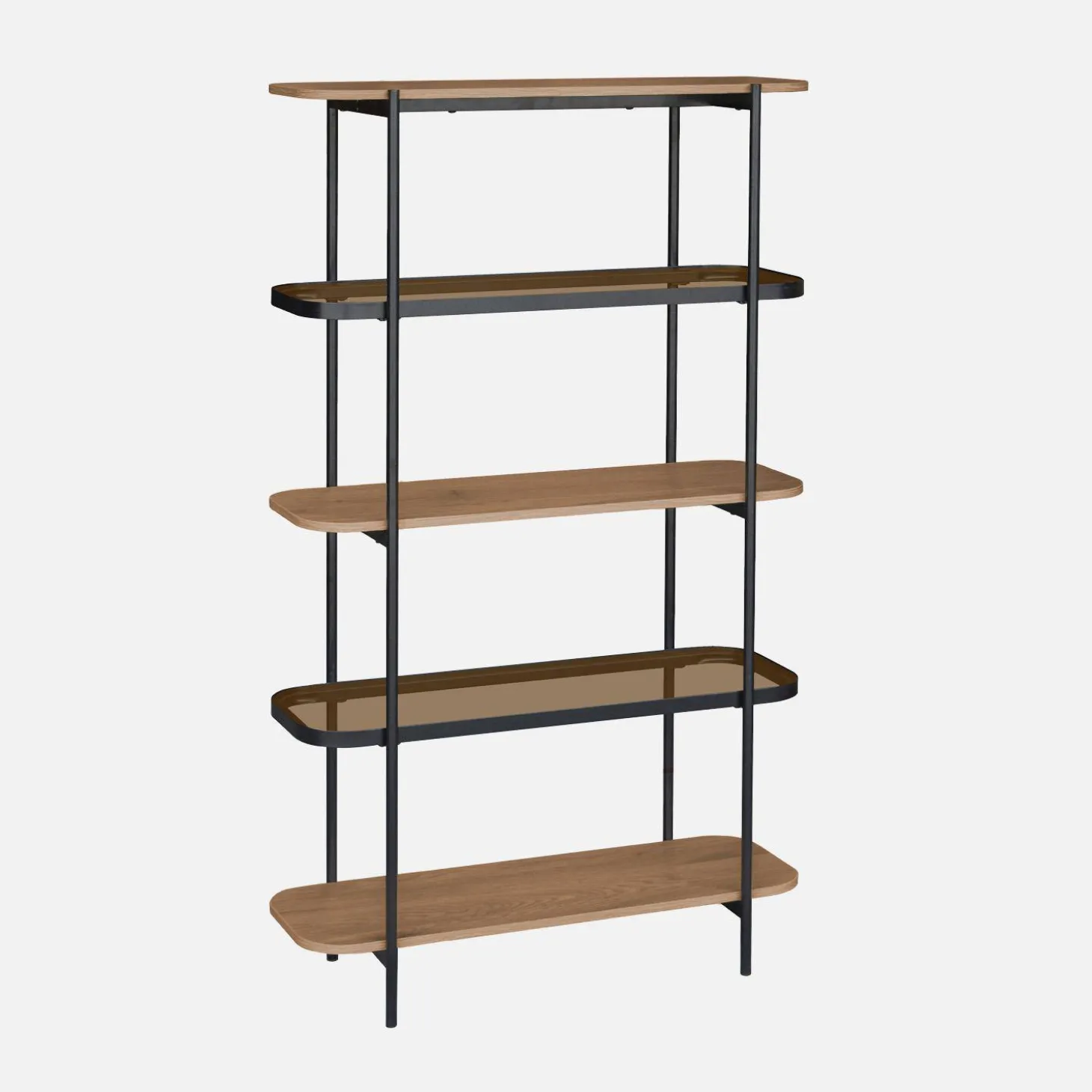 Bücherregal aus Glas, Holzdekor und Stahl mit 5 Ebenen