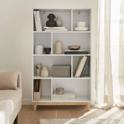 Bücherregal in Holzoptik mit Holzbeinen 4 Regale und 8 Fächer