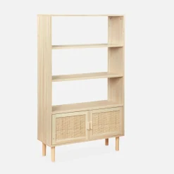 Bücherregal mit Holzdekor und Rattan-Geflecht