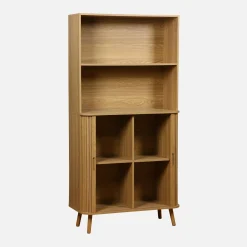 Bücherregal, 2 Schiebetüren, 4 Ebenen, gerillter Holzeffekt