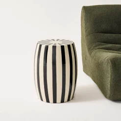 Beistelltisch, Sofaende, Nachttisch aus emailliertem Stahl, zweifarbige Streifen Ø 35 x H 46 cm