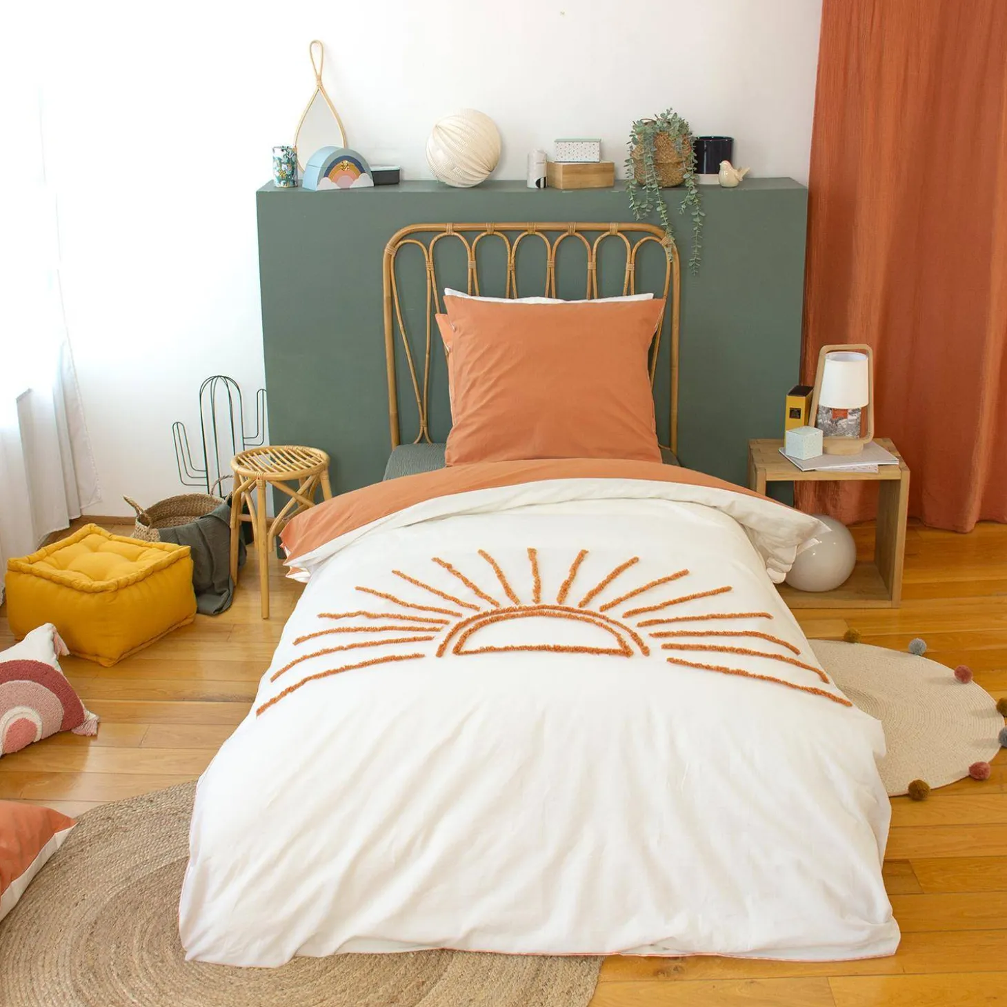 Bettwäsche-Set aus Baumwolle, getuftet, wendbar, Sonnenprint weiß/terracotta, 1 Person 140 x 200 cm