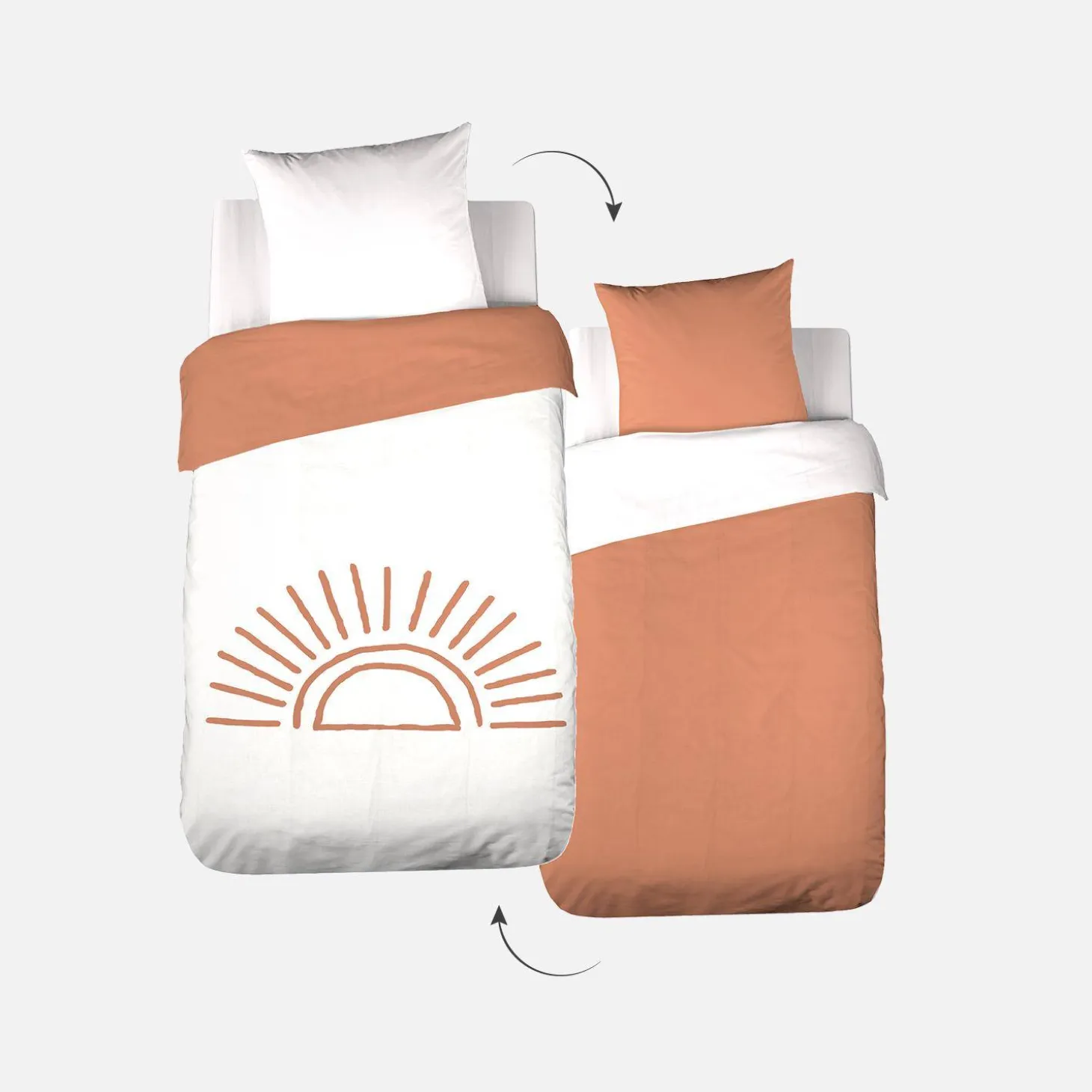 Bettwäsche-Set aus Baumwolle, getuftet, wendbar, Sonnenprint weiß/terracotta, 1 Person 140 x 200 cm