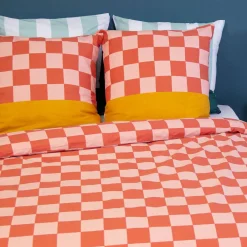 Bettwäsche-Set aus Baumwolle mit Schachbrettmuster für zwei Personen rot und orange