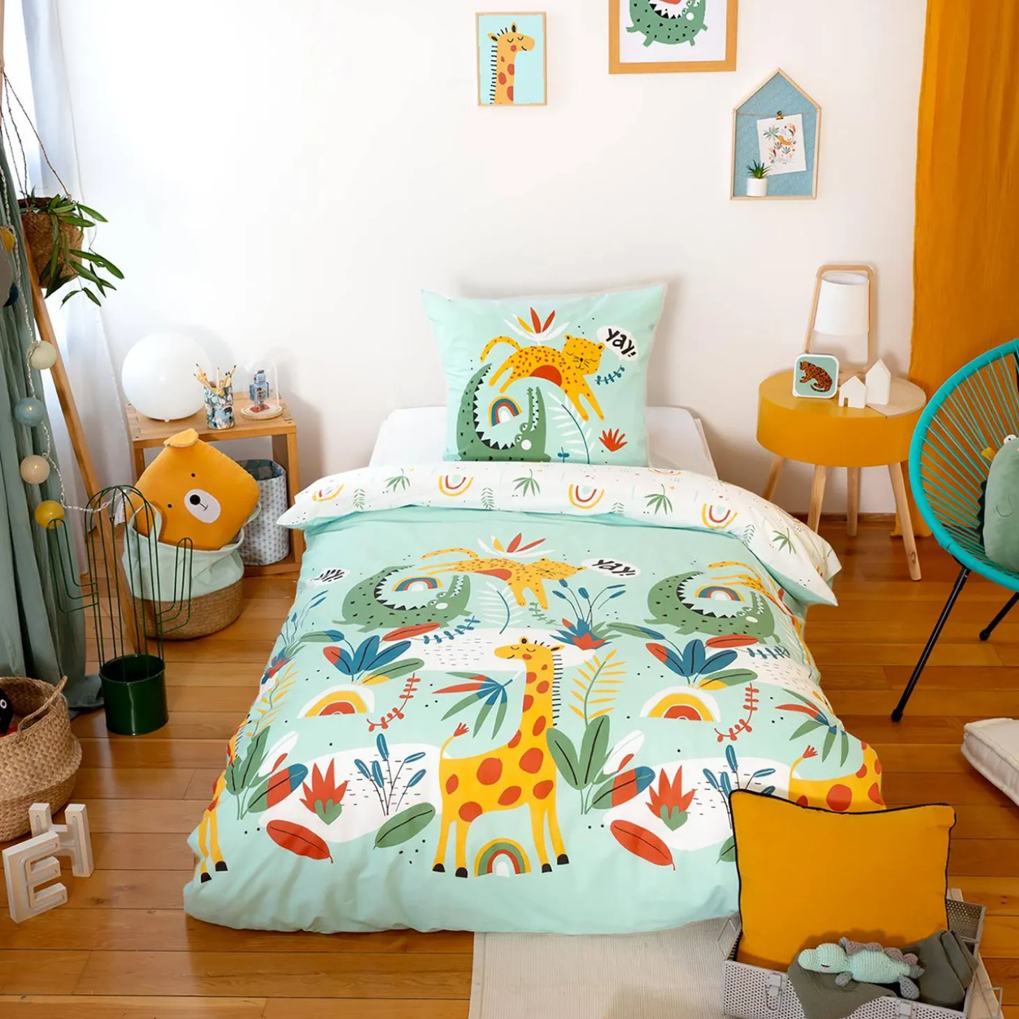 Bettwäsche-Set aus Baumwolle, wendbar, mit Motiv Savanne/ Regenbogen, 1 Person 140 x 200 cm