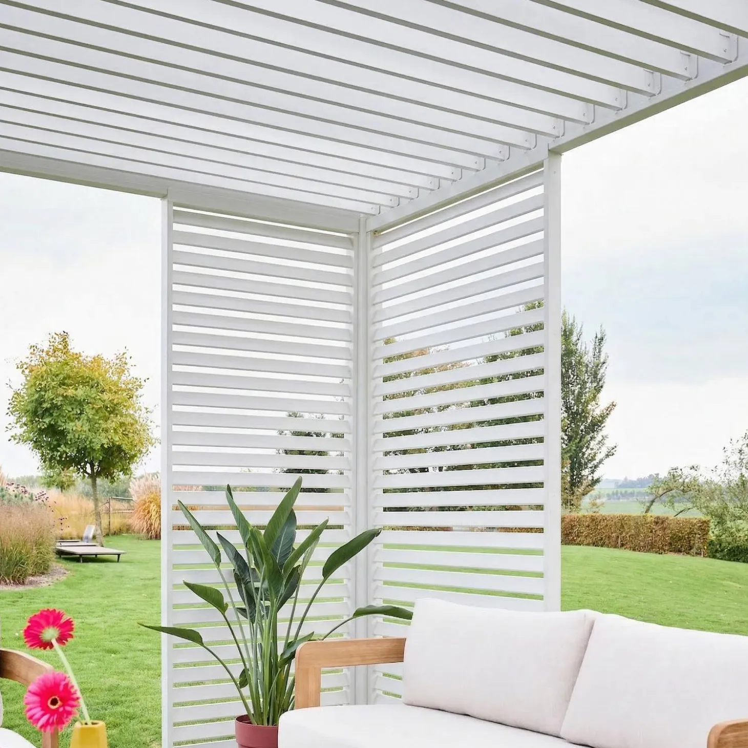 Bioklimatische Pergola Aluminium 3x4m + 1 Lamellenwand 100 cm + 1 Lamellenwand 130 cm Triomphe