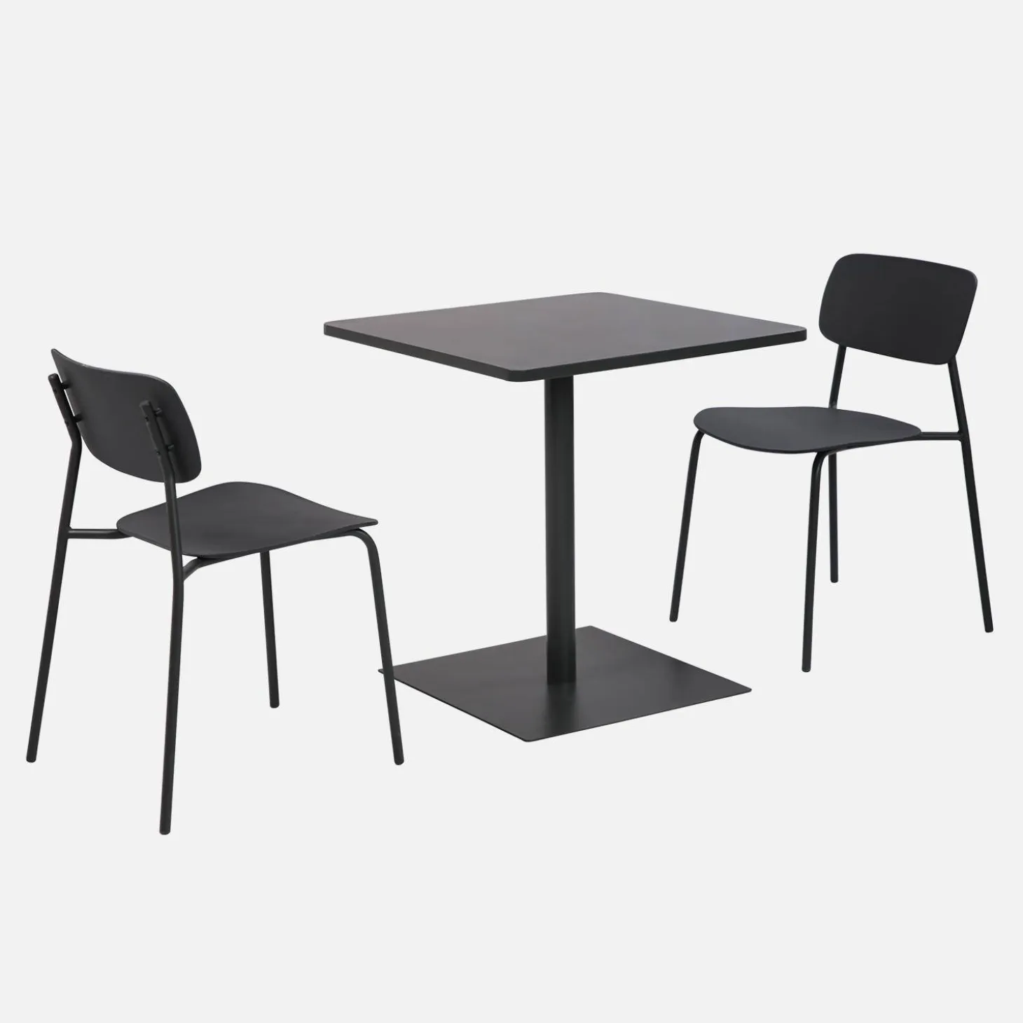 Bistro-Gartentisch quadratisch aus Stahl + 2 Stühle