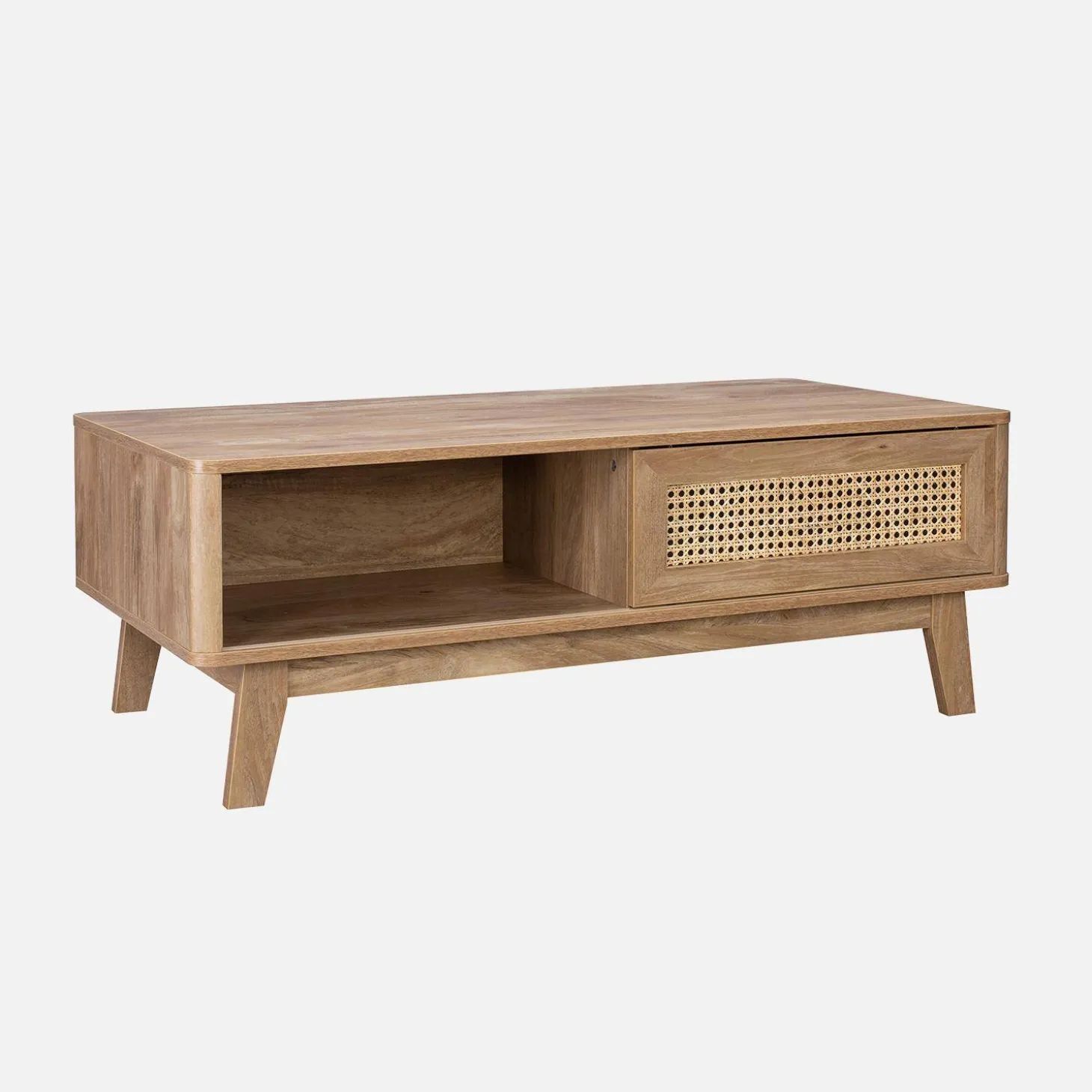 Couchtisch mit Schiebetür, 2 Nischen, Holzoptik und Rattan-Geflecht