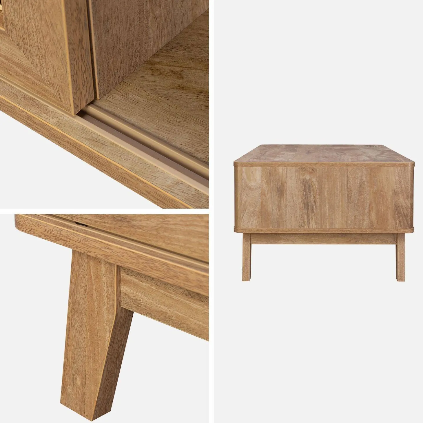 Couchtisch mit Schiebetür, 2 Nischen, Holzoptik und Rattan-Geflecht