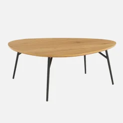Dreieckiger Couchtisch mit schwarzen Metallbeinen und Eichenlook