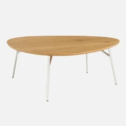 Dreieckiger Couchtisch mit verchromten Metallbeinen und Holzlook