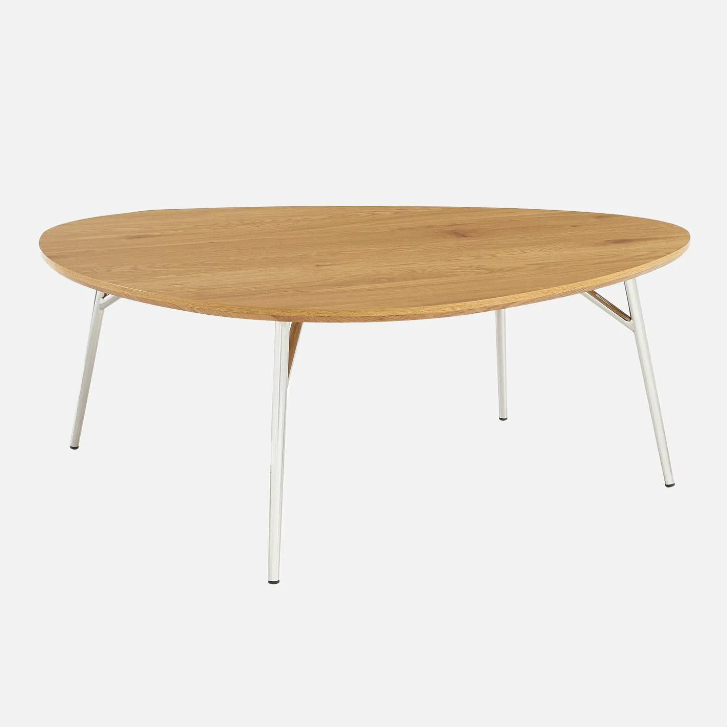 Dreieckiger Couchtisch mit verchromten Metallbeinen und Holzlook