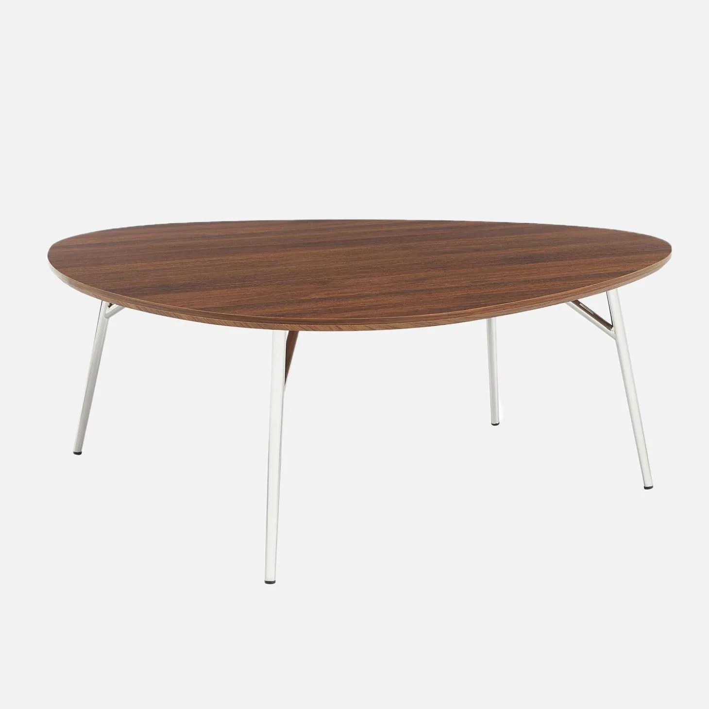 Dreieckiger Couchtisch mit verchromten Metallbeinen und Holzlook