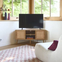 Eck-TV-Möbel mit Holzdekor und Rattan-Geflecht, 2 Türen, 1 Regal