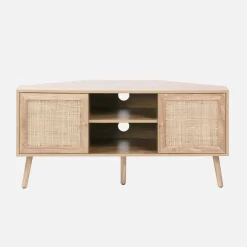 Eck-TV-Möbel mit Holzdekor und Rattan-Geflecht, 2 Türen, 1 Regal