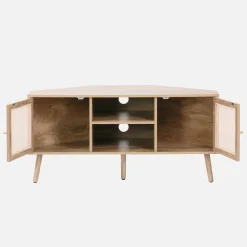 Eck-TV-Möbel mit Holzdekor und Rattan-Geflecht, 2 Türen, 1 Regal