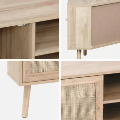 Eck-TV-Möbel mit Holzdekor und Rattan-Geflecht, 2 Türen, 1 Regal