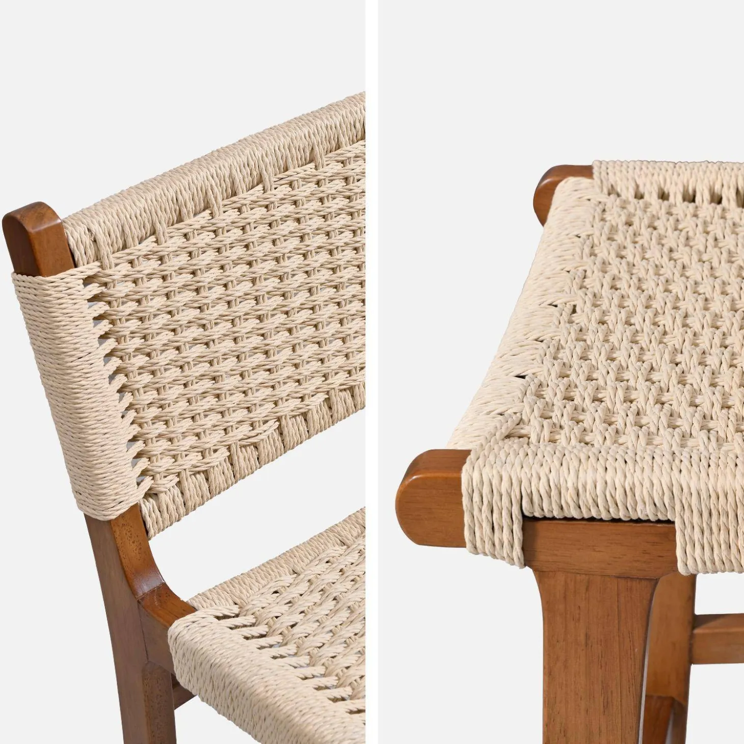 2er-Set Barhocker aus Heveaholz mit Seilbespannung