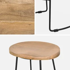2er Set Barhocker aus Mangoholz und Stahl, Fußstütze, 75 cm