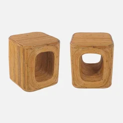 2er-Set Beistelltische, Nachttische mit Nische, aus natürlichem Rattan