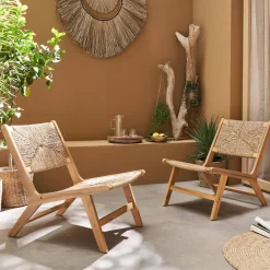 2er Set Gartensessel, Holz und Kunststoff mit Strohlook, drinnen/draußen