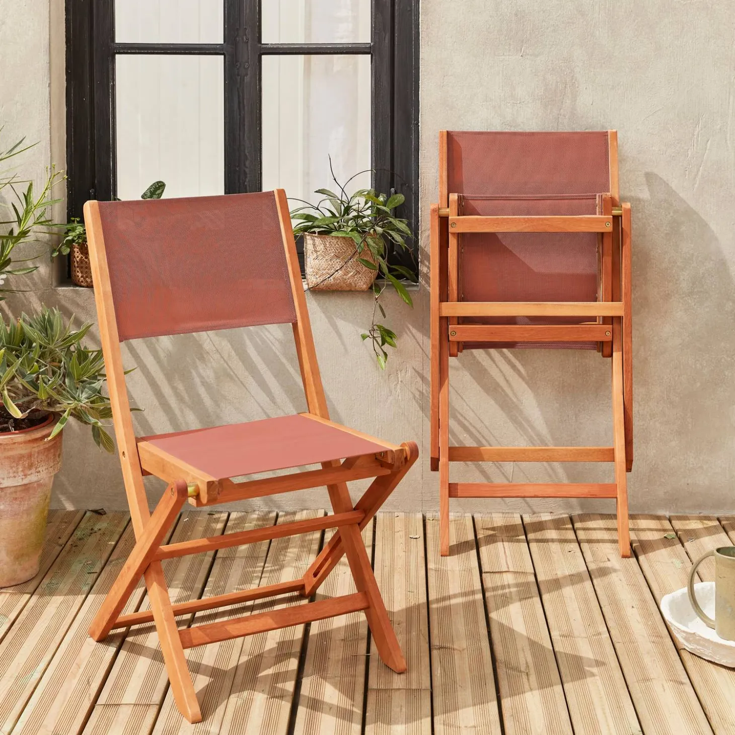 2er Set Gartenstühle Klappstühle, Holz und Textilene