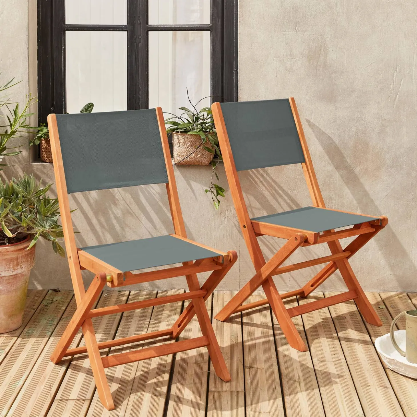 2er Set Gartenstühle Klappstühle, Holz und Textilene