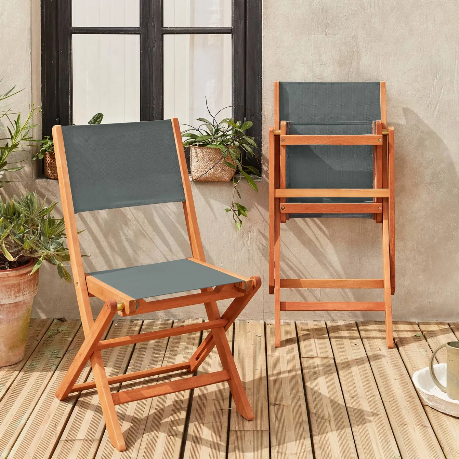 2er Set Gartenstühle Klappstühle, Holz und Textilene