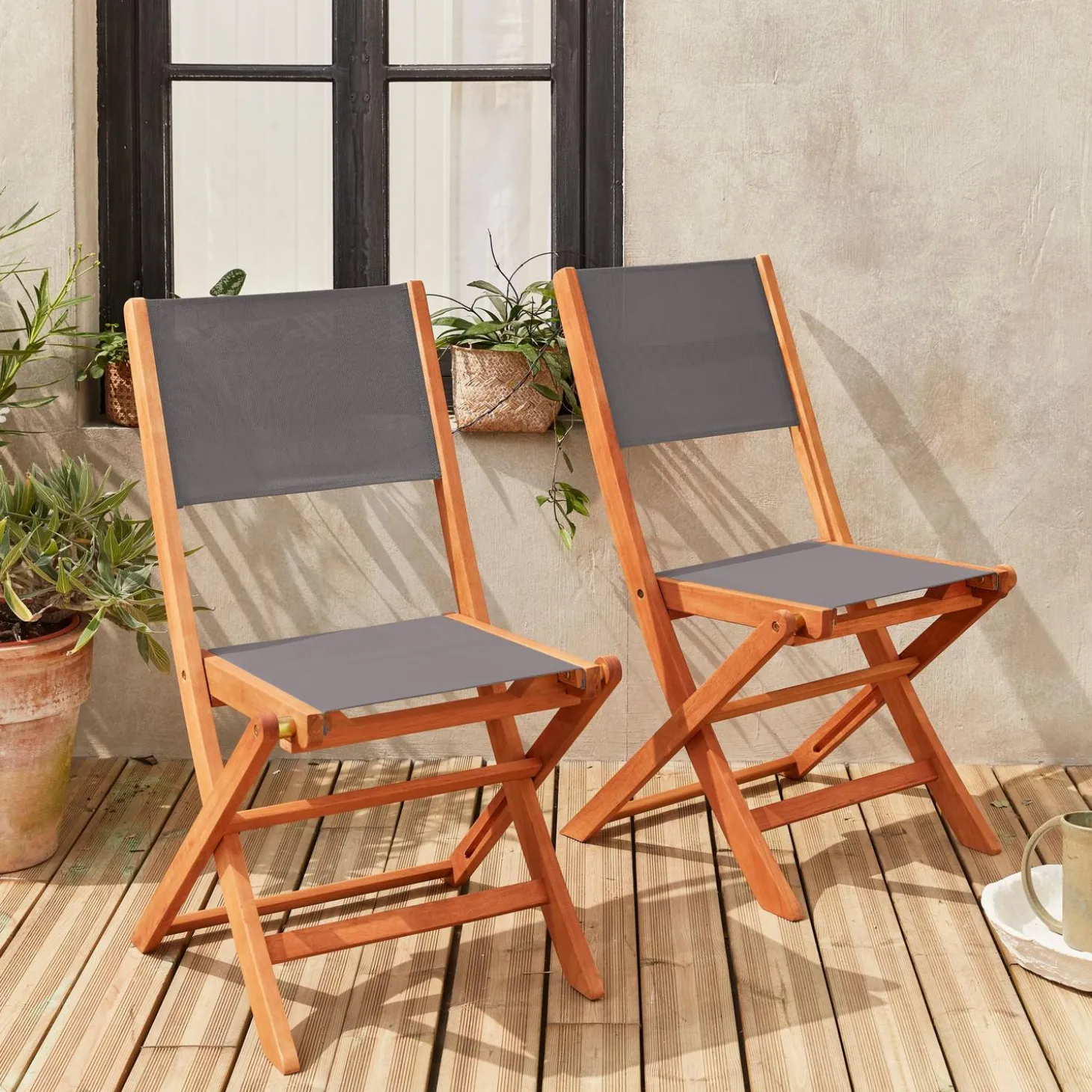 2er Set Gartenstühle Klappstühle, Holz und Textilene