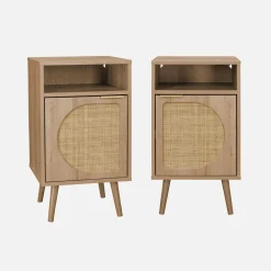 2er Set Nachttische mit Holzdekor und abgerundetem Rattan-Geflecht