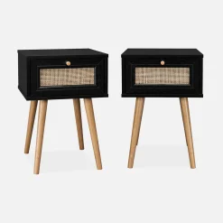 2er-Set Nachttische mit Holzlook und Rattan-Geflecht