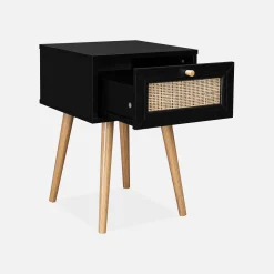 2er-Set Nachttische mit Holzlook und Rattan-Geflecht