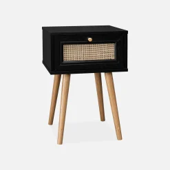 2er-Set Nachttische mit Holzlook und Rattan-Geflecht