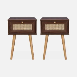 2er-Set Nachttische mit Holzlook und Rattan-Geflecht