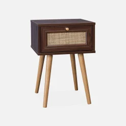 2er-Set Nachttische mit Holzlook und Rattan-Geflecht