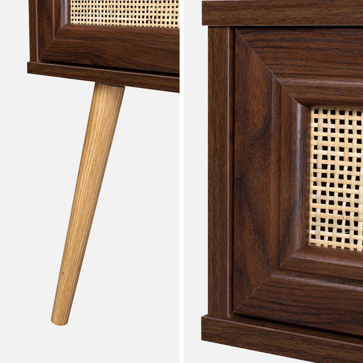 2er-Set Nachttische mit Holzlook und Rattan-Geflecht