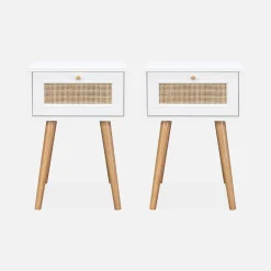 2er-Set Nachttische mit Holzlook und Rattan-Geflecht