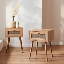 2er-Set Nachttische mit Holzlook und Rattan-Geflecht
