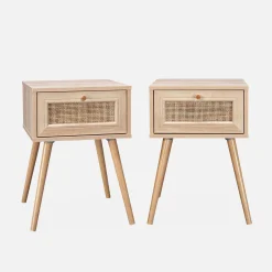 2er-Set Nachttische mit Holzlook und Rattan-Geflecht