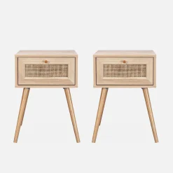 2er-Set Nachttische mit Holzlook und Rattan-Geflecht
