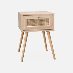 2er-Set Nachttische mit Holzlook und Rattan-Geflecht