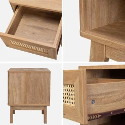 2er-Set Nachttische mit Schublade und Nische in Holzoptik und Rattan-Geflecht