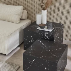 2er-Set quadratische Couchtische mit Marmorlook