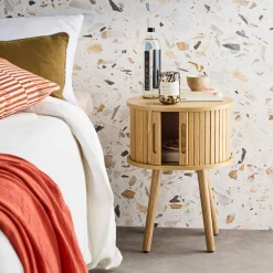 2er-Set skandinavische ovale Nachttische mit Holzlook, 2 Schiebetüren