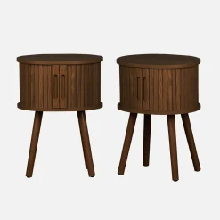 2er-Set skandinavische ovale Nachttische mit Holzlook, 2 Schiebetüren