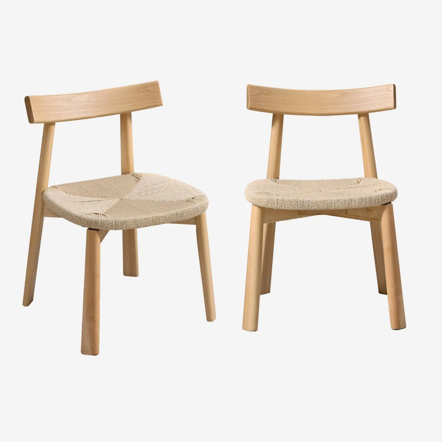 2er-Set skandinavische Stühle Heveaholz und Seilbespannung