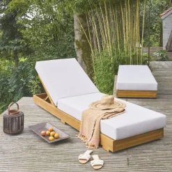 2er-Set Sonnenliegen aus Akazienholz mit Kissen, 3-fach verstellbar, mit Rollen
