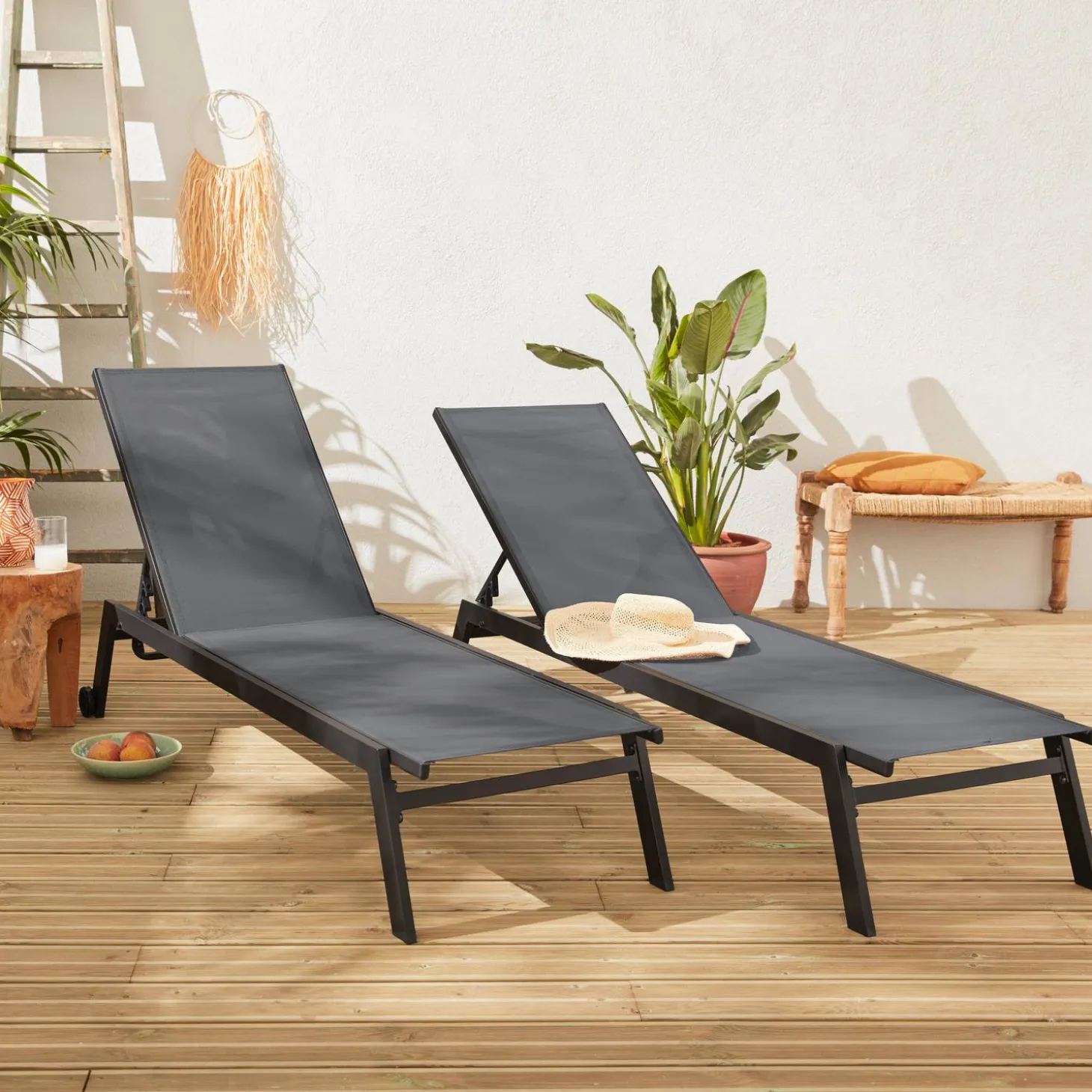 2er-Set Sonnenliegen, 5 Positionen mit Rädern