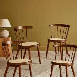 4er-Set Stühle aus Holz und Rattan-Geflecht