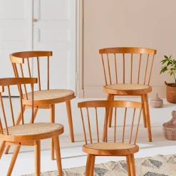 4er-Set Stühle aus Holz und Rattan-Geflecht